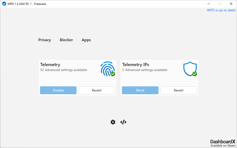 WPD application window showing Windows privacy settings and configuration controls